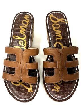 Sam Edelman Ronie Cork Wedge Platform Sandals Brown Leather Slides Size 8.5M